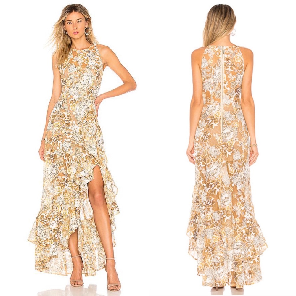 Bronx and Banco Beige and White Floral Lace Maxi Dress